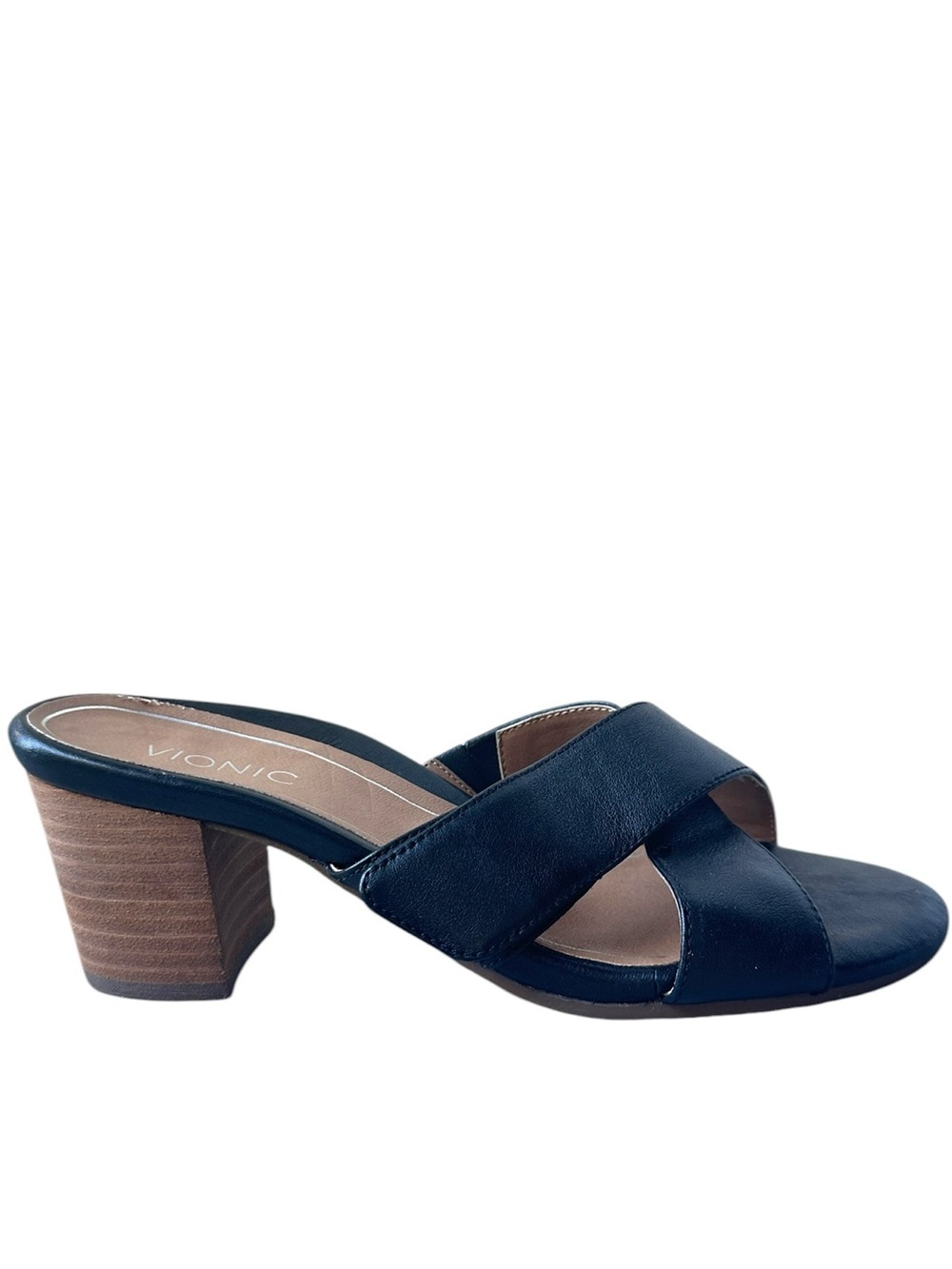 Vionic Black Leather Comfort Slide Sandals Adjustable Strap Block Heel Women’s